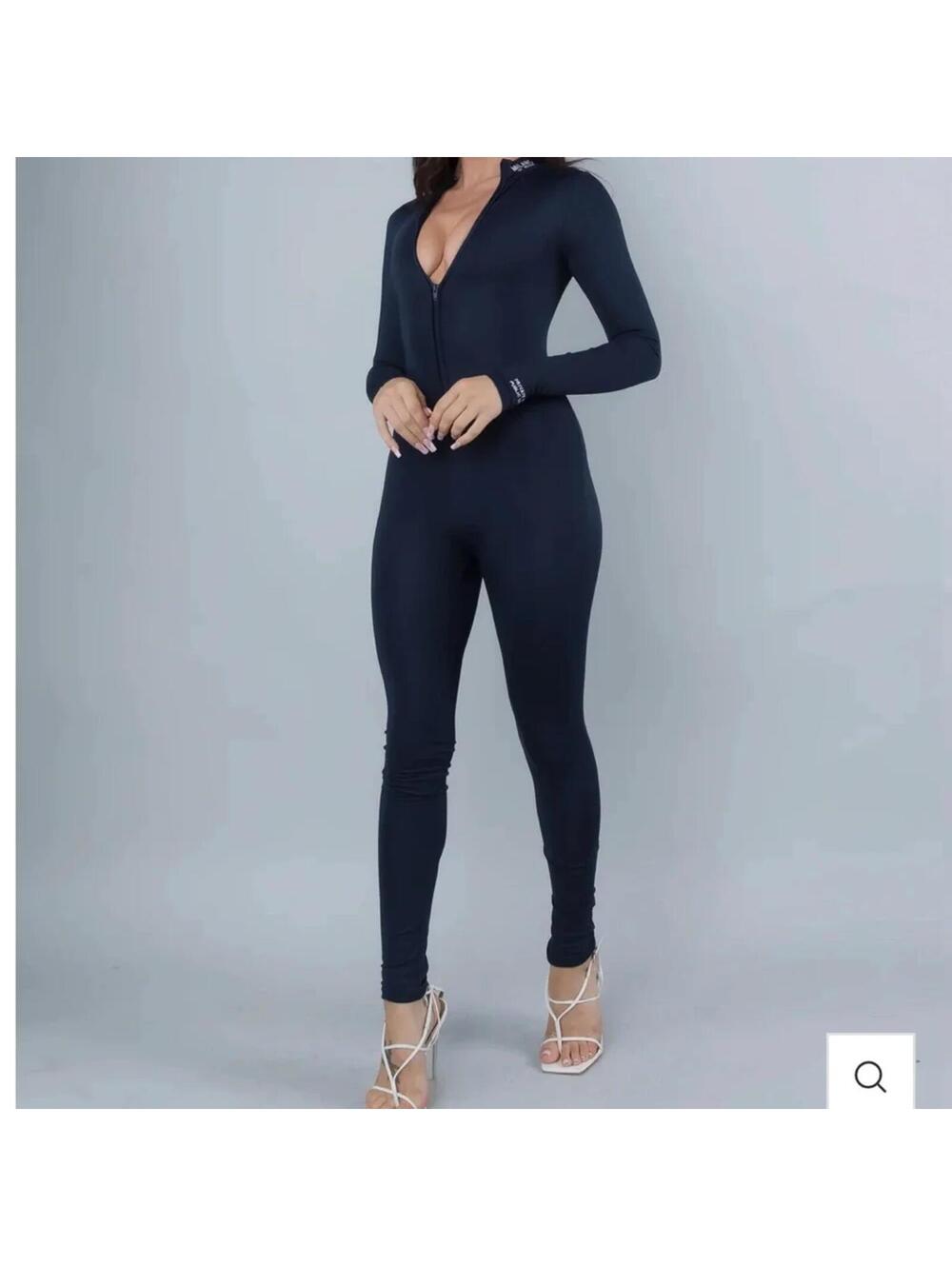 Milano Di Rouge Austin Black Long Sleeve Full Zip Mock Neck Catsuit Jumpsuit M